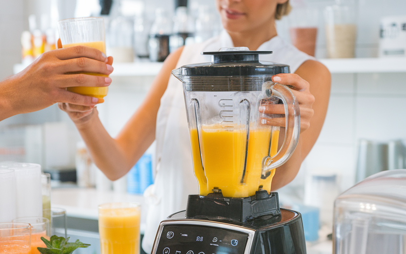 Flowchart comparing Breville, Omega, and Vitamix models for cafes vs hotels based on serving volume and NSF certification requirements
