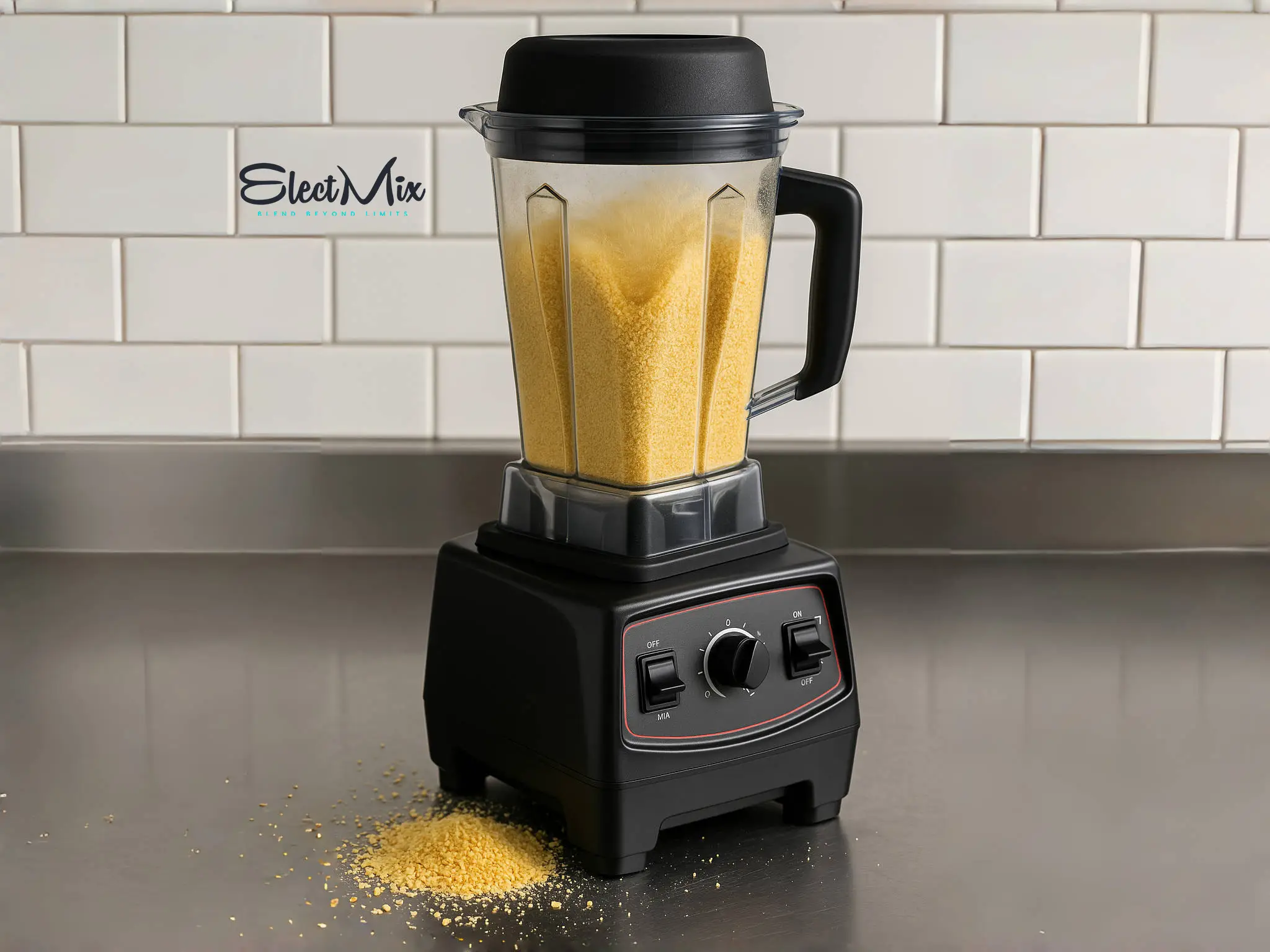 Electric blender in action grinding whole grains like wheat, oats, and rice.