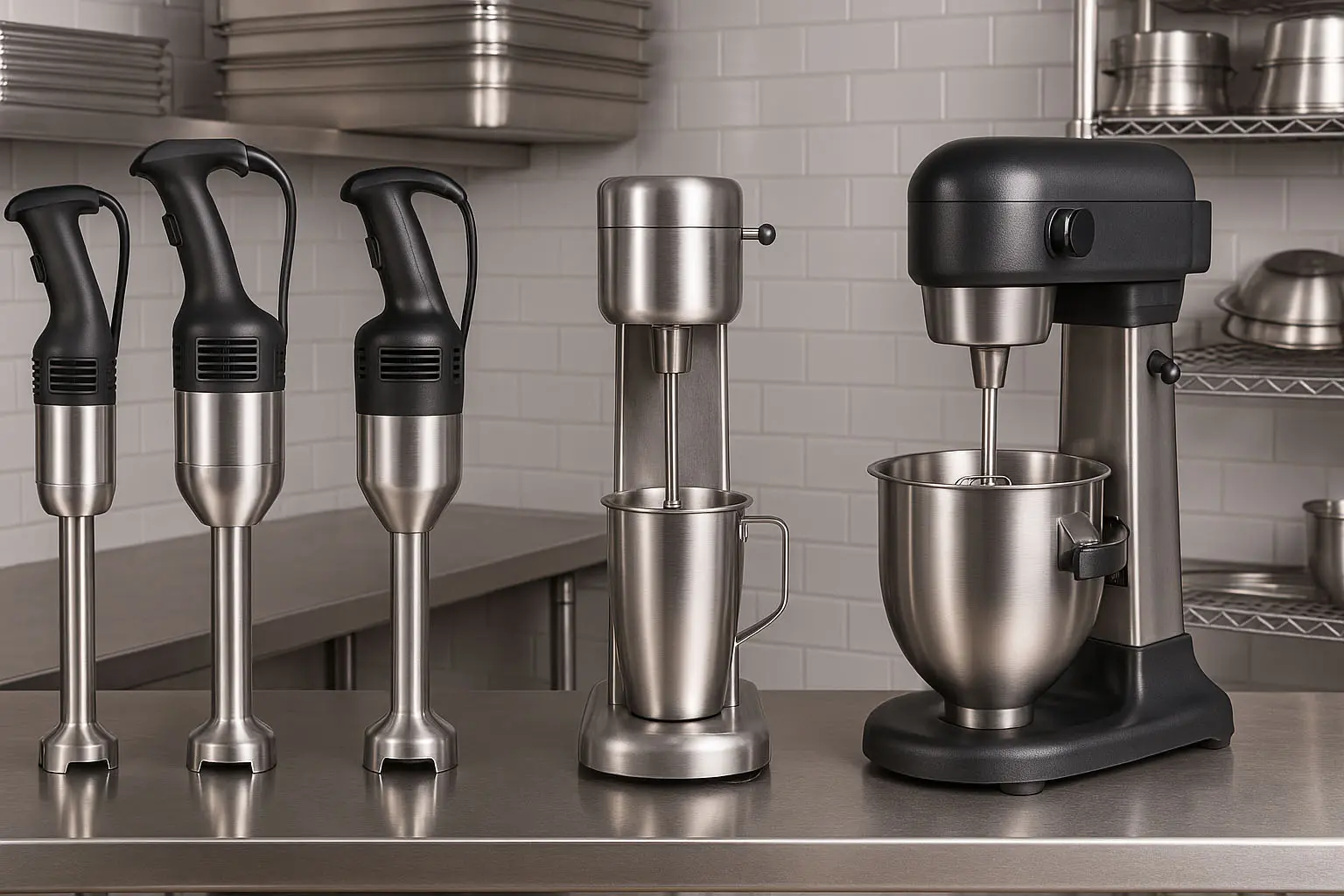 Three commercial-grade food processing machines including a heavy duty stick blender, a milkshake machine, and an industrial mixer displayed in a professional kitchen setting.