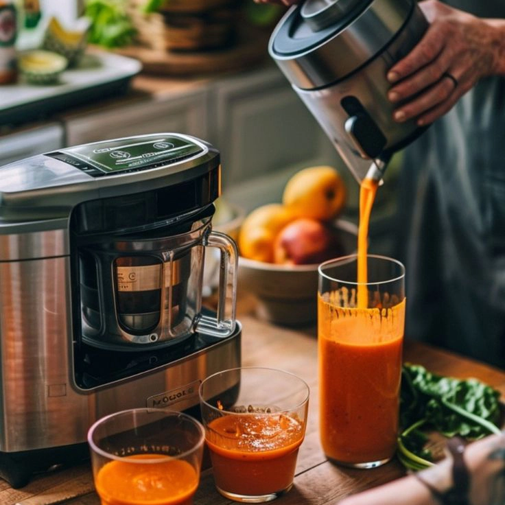 Illustration of a slow juicer’s cold-press extraction process, preserving nutrients for high-quality juice production.