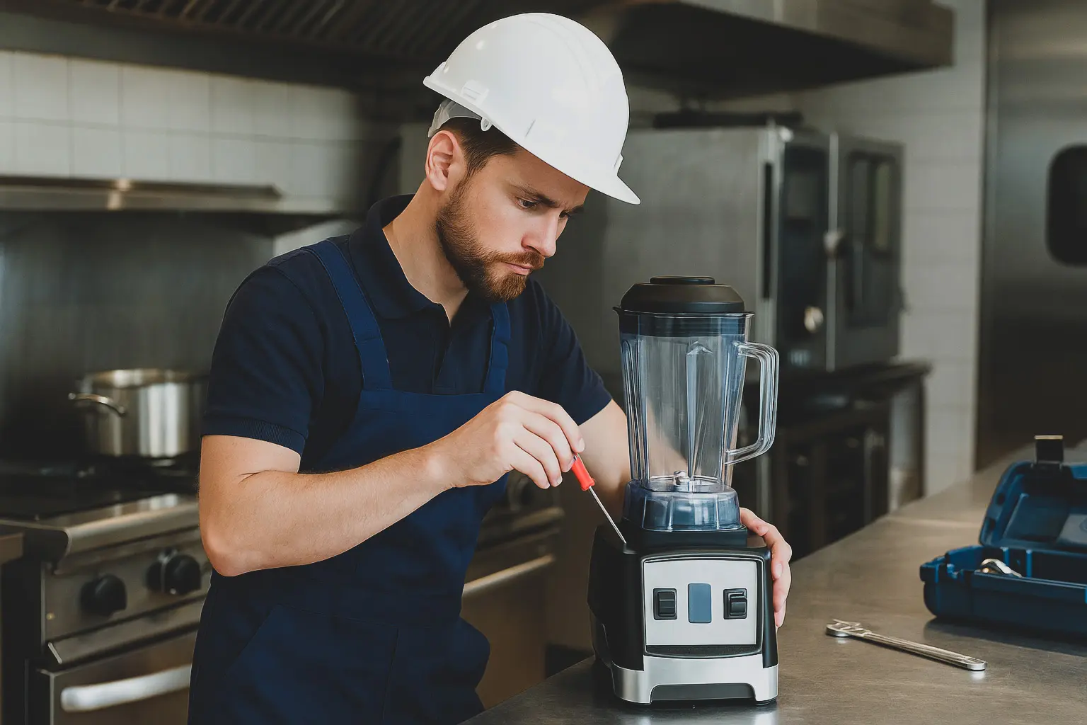 Technician diagnosing a commercial blender in a professional kitchen.