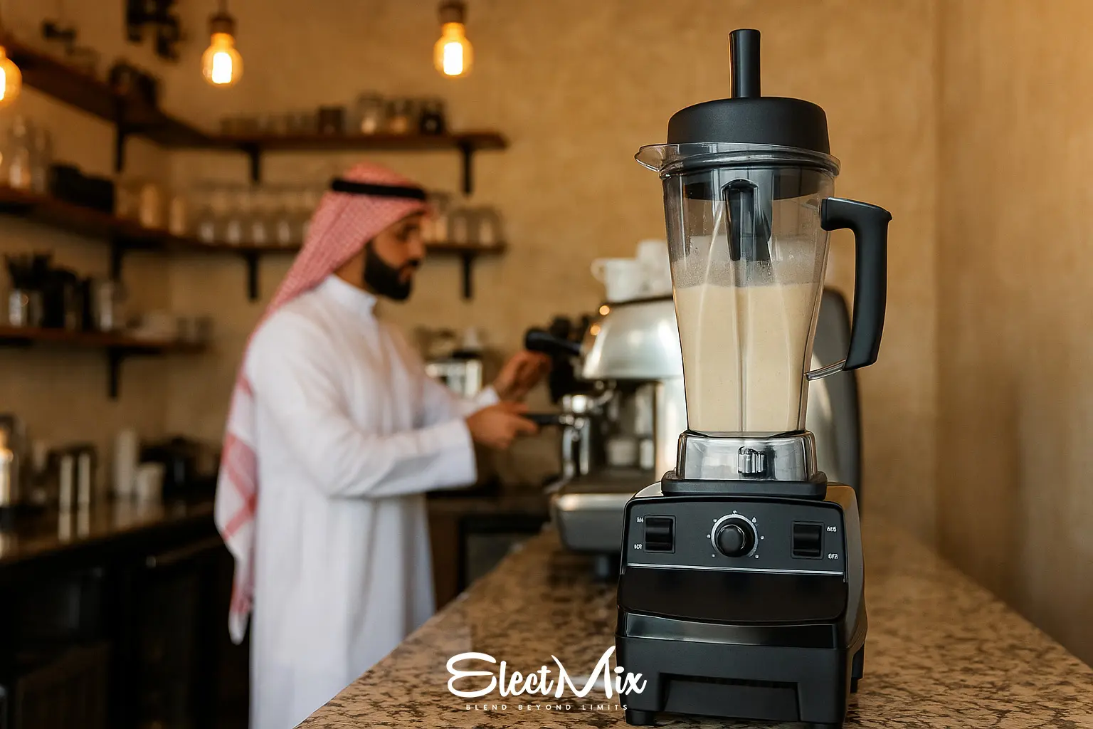 Commercial blender in use at a modern café in Dubai, UAE