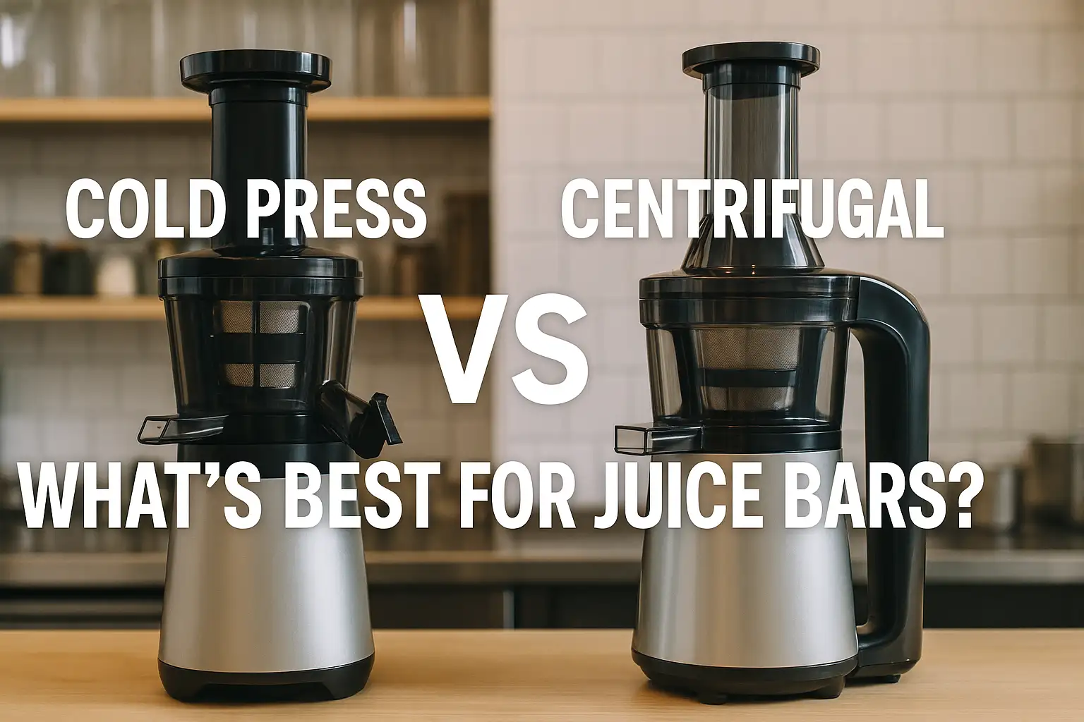 Side-by-side photo of a cold press juicer and a centrifugal juicer in a juice bar kitchen.