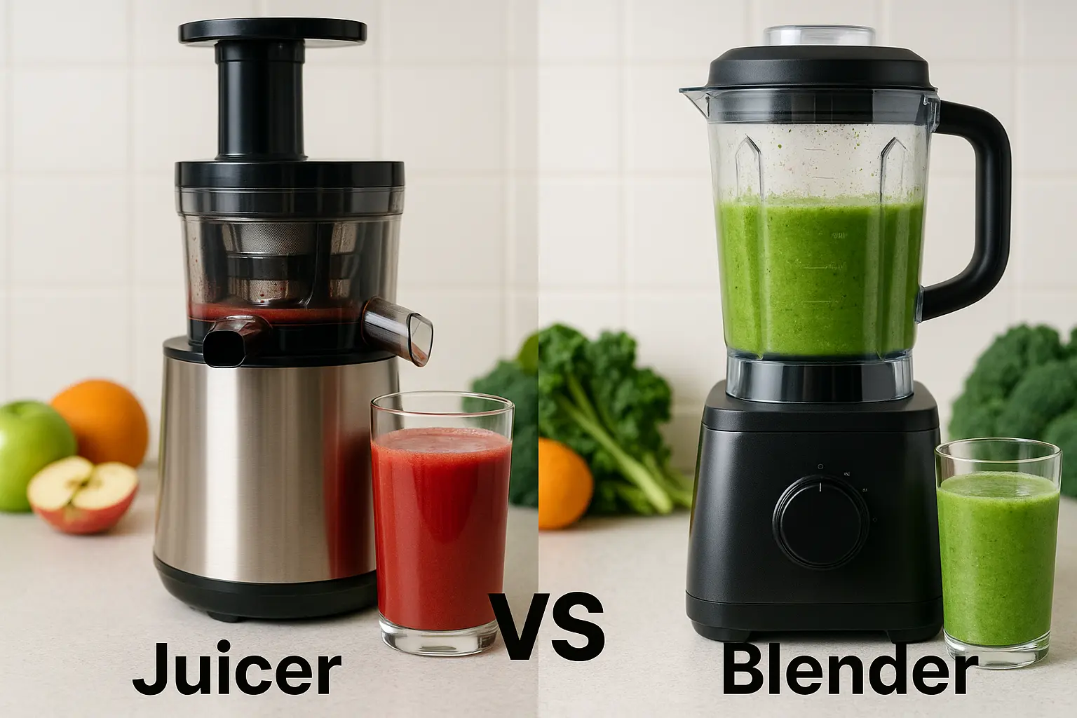 Side-by-side view of a cold-press juicer and a high-speed blender with vibrant detox drinks.