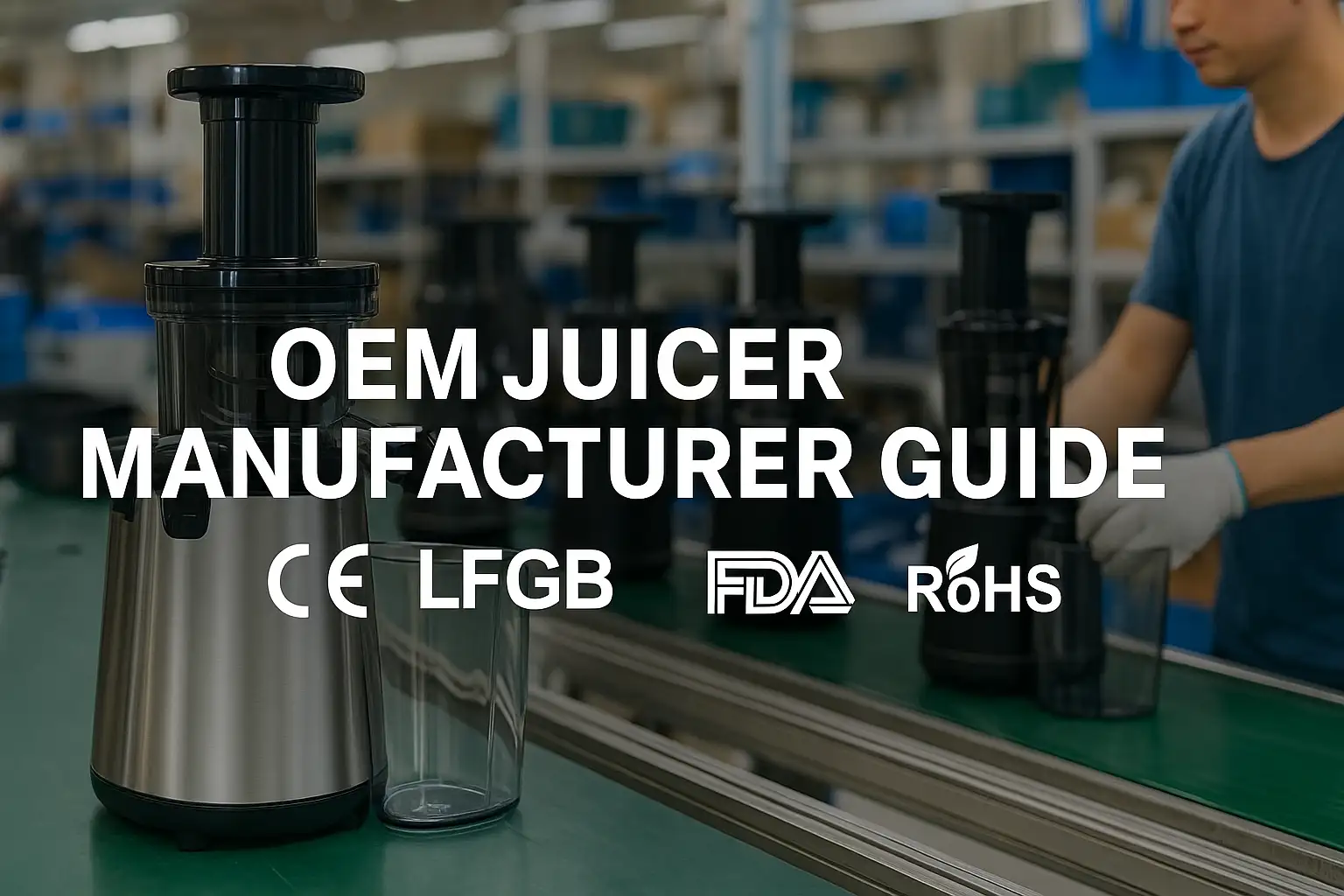 OEM juicer production line with CE, LFGB, and FDA certification icons