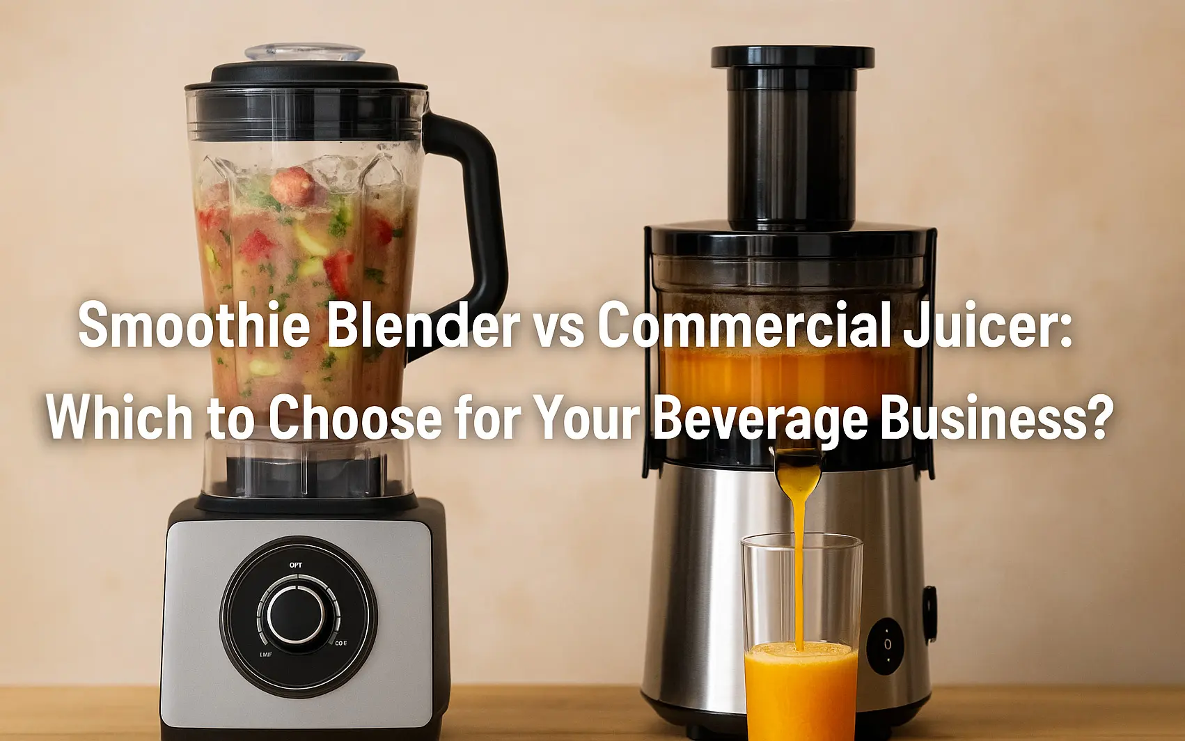 A smoothie blender and commercial juicer side by side on a café counter.
