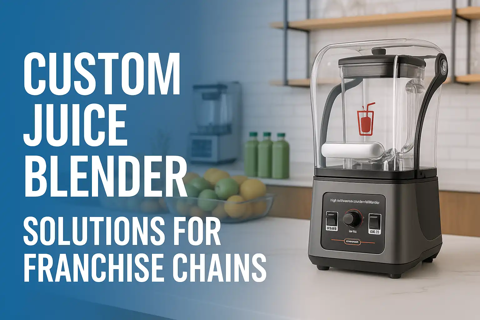 Custom blender with logo, touch panel, and sound shield installed in franchise juice bar.