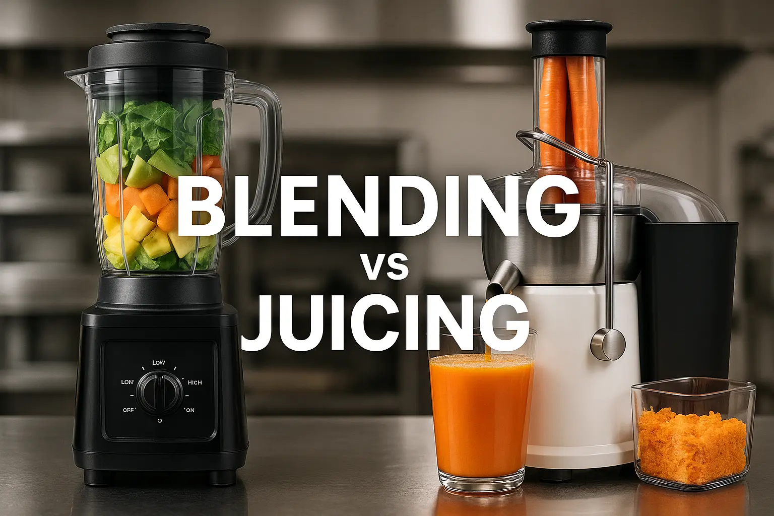 Comparison image of juicing and blending machines in commercial kitchen settings.
