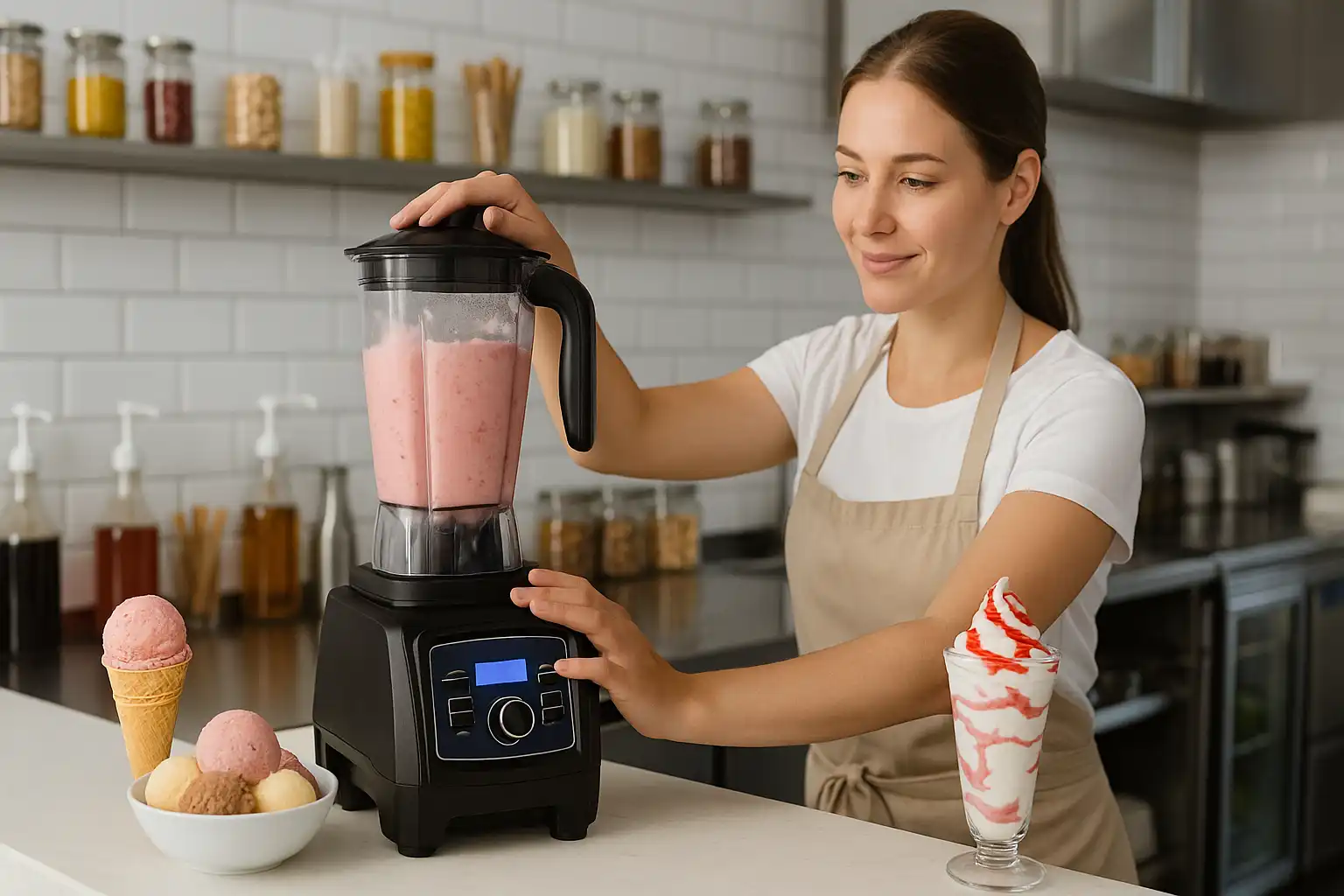 Commercial blender preparing frozen desserts in a café or ice cream shop.