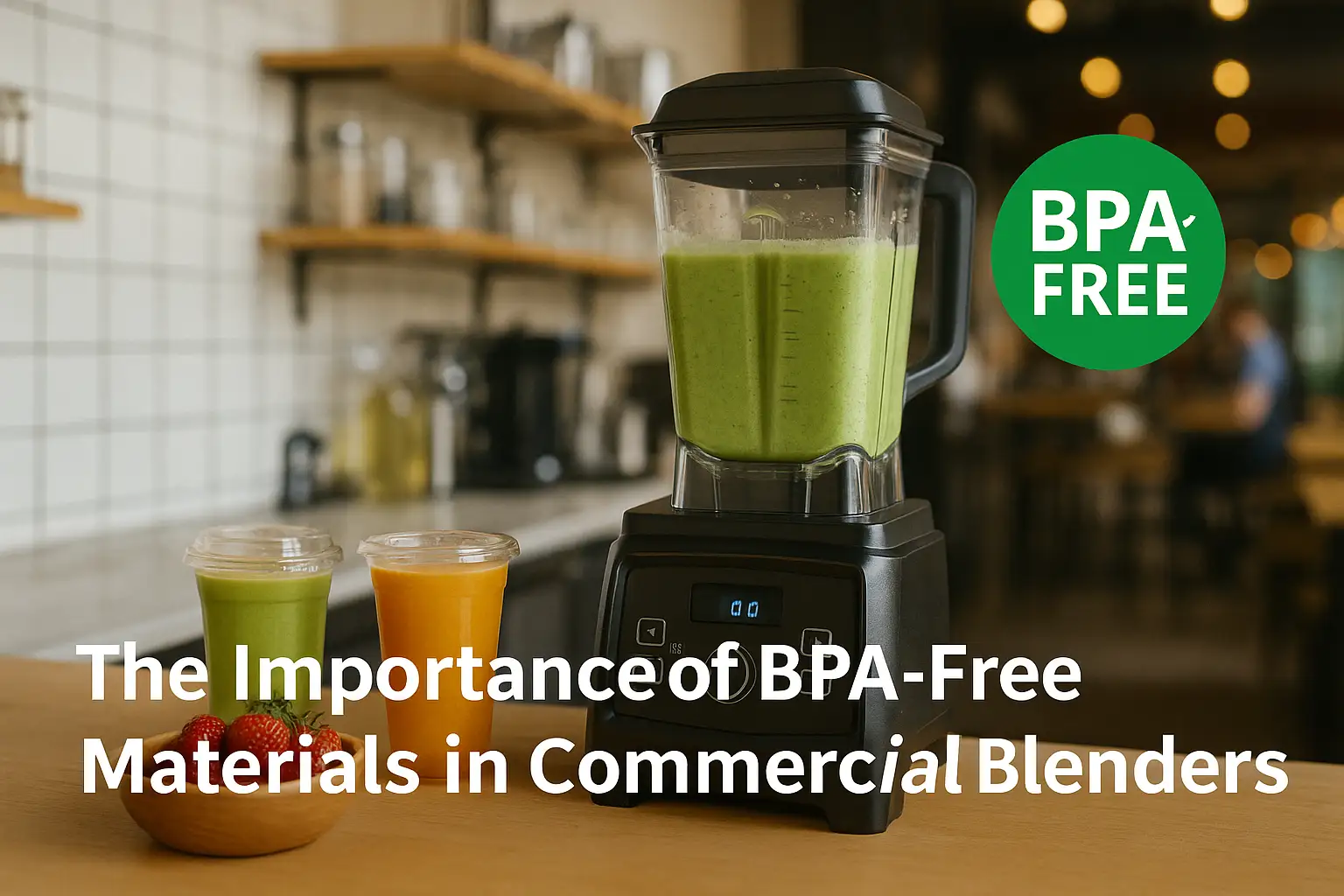BPA-free commercial blender in use at a modern café with smoothies and juices.
