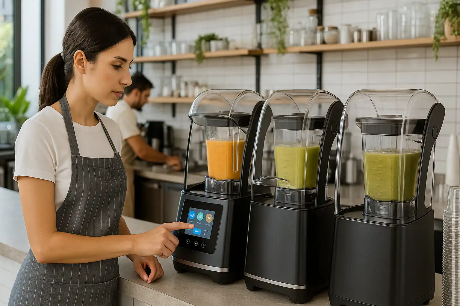 Modern café using touchscreen commercial blenders representing 2025 foodservice trends.