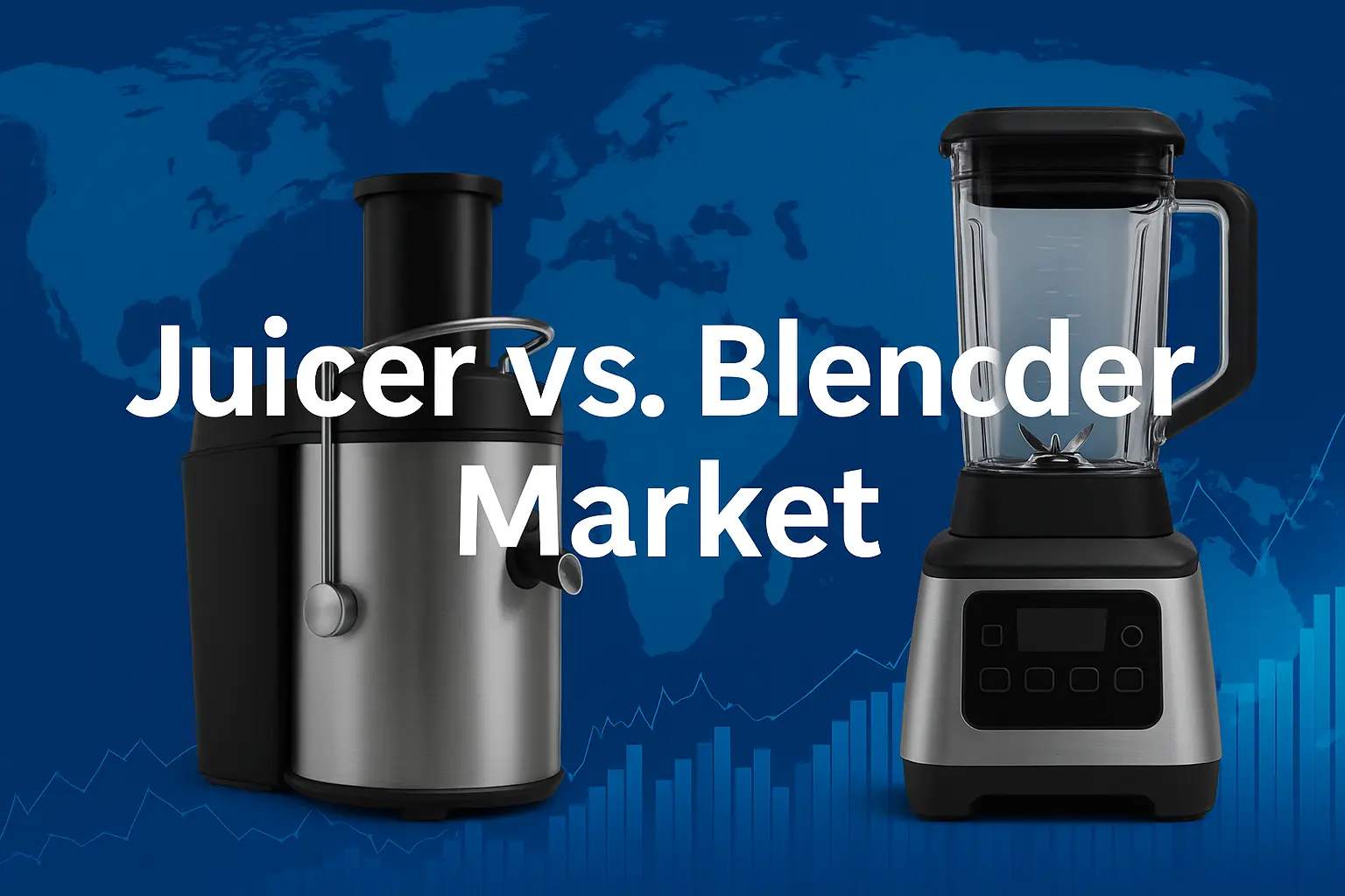 Modern juicers and blenders displayed side by side in a commercial kitchen, symbolizing market contrast.
