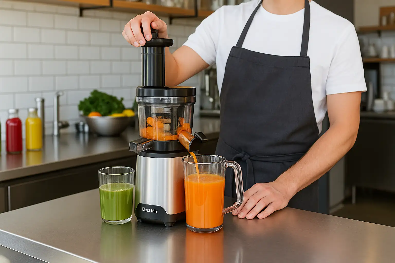 Professional juice bar with ElectMix masticating juicer extracting fresh cold-press juice.