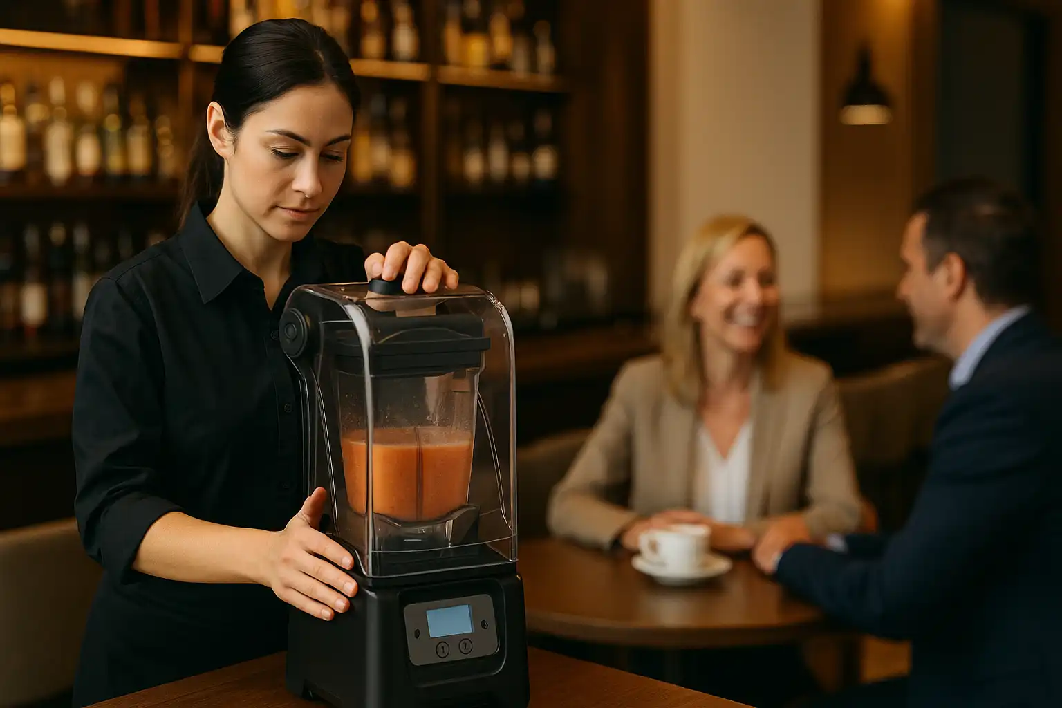 Barista using quiet commercial blender with soundproof housing in hotel café.