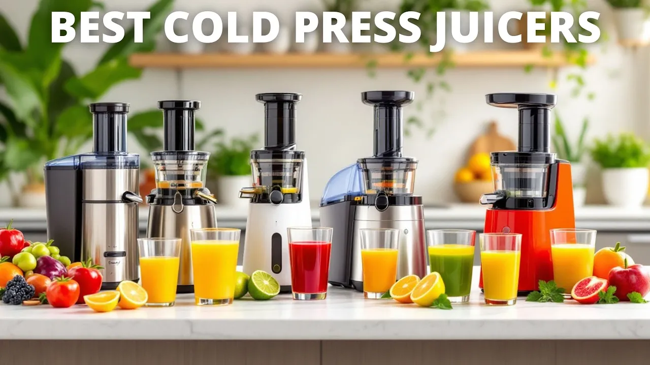 Row of colorful cold-press juicers with fresh juices and fruits on the counter.