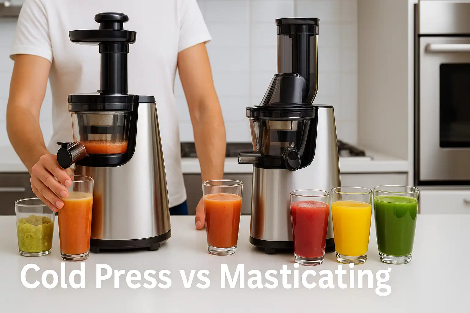 Cold press and masticating juicers displayed side by side in a professional kitchen setup.