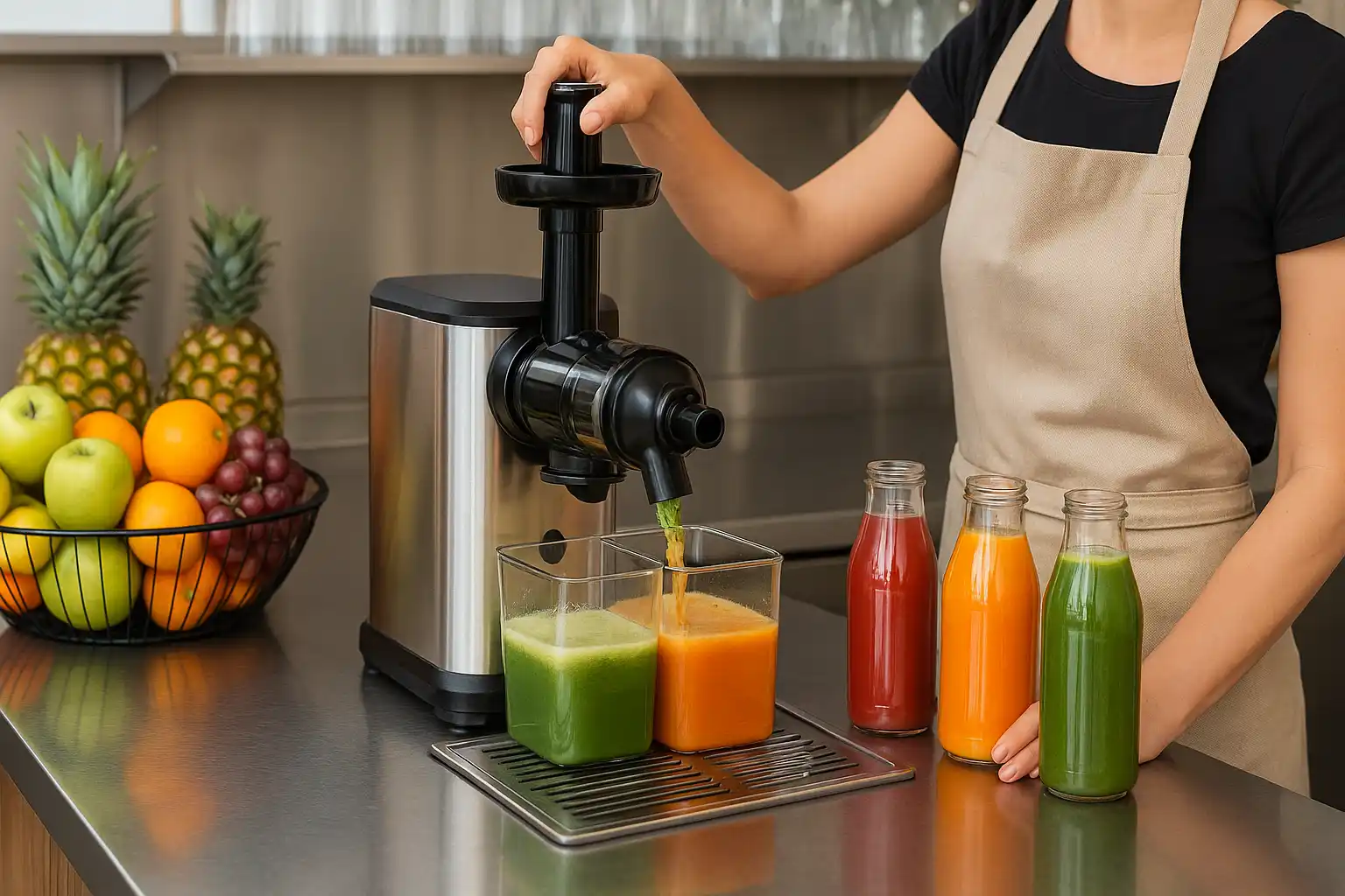 Modern juice bar featuring ElectMix commercial masticating juicer producing cold-press juice.