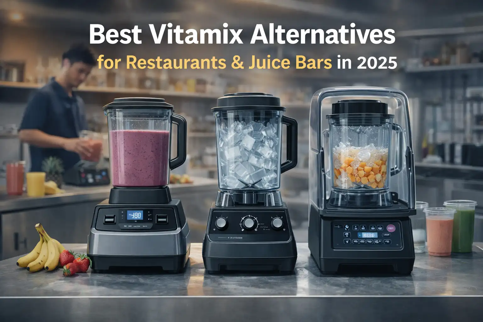 A lineup of commercial blenders used in a restaurant and juice bar setting, representing top Vitamix alternatives in 2025.