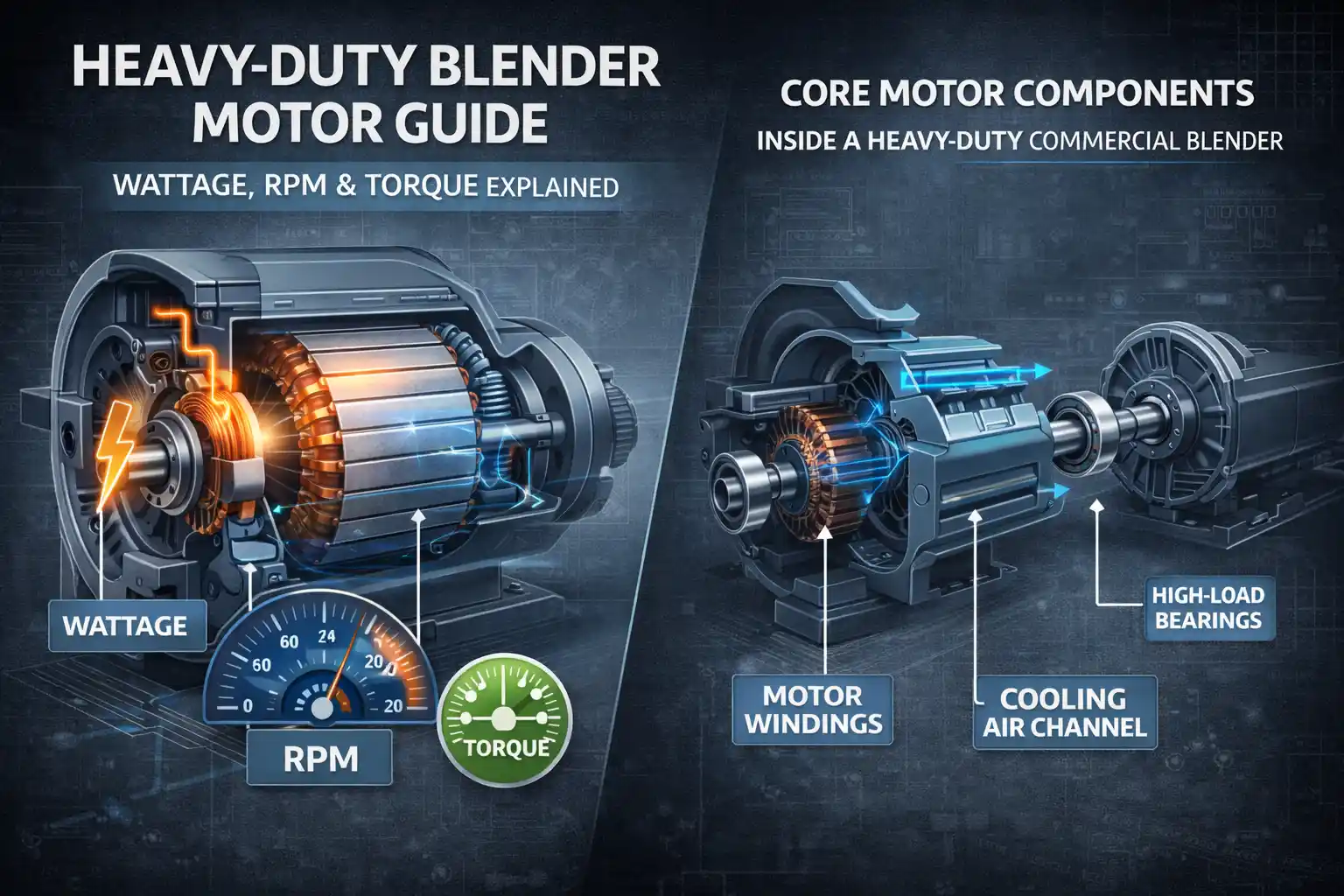 Heavy-duty commercial blender motor diagram explaining wattage, RPM, and torque differences.