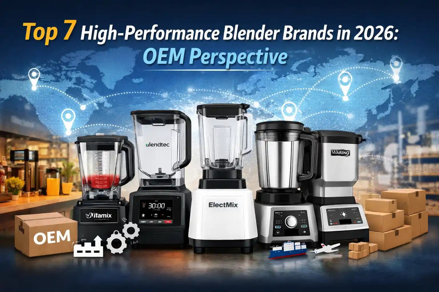 Side-by-side display of top blender brands including Vitamix, Blendtec, ElectMix, and Waring, with OEM icons and global distributor map in the background.