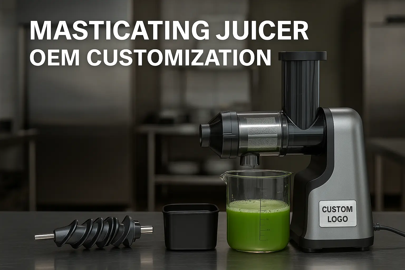 Masticating juicer with customizable components including auger, motor, and branding elements, shown in a modern commercial kitchen setting.