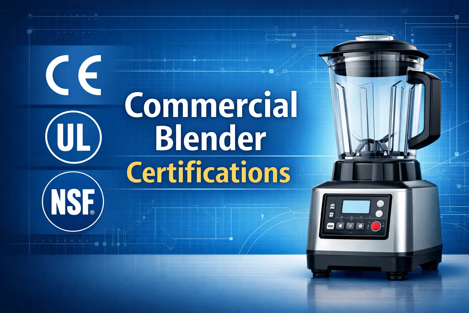 Commercial blender certifications including CE UL and NSF compliance for global distributors.