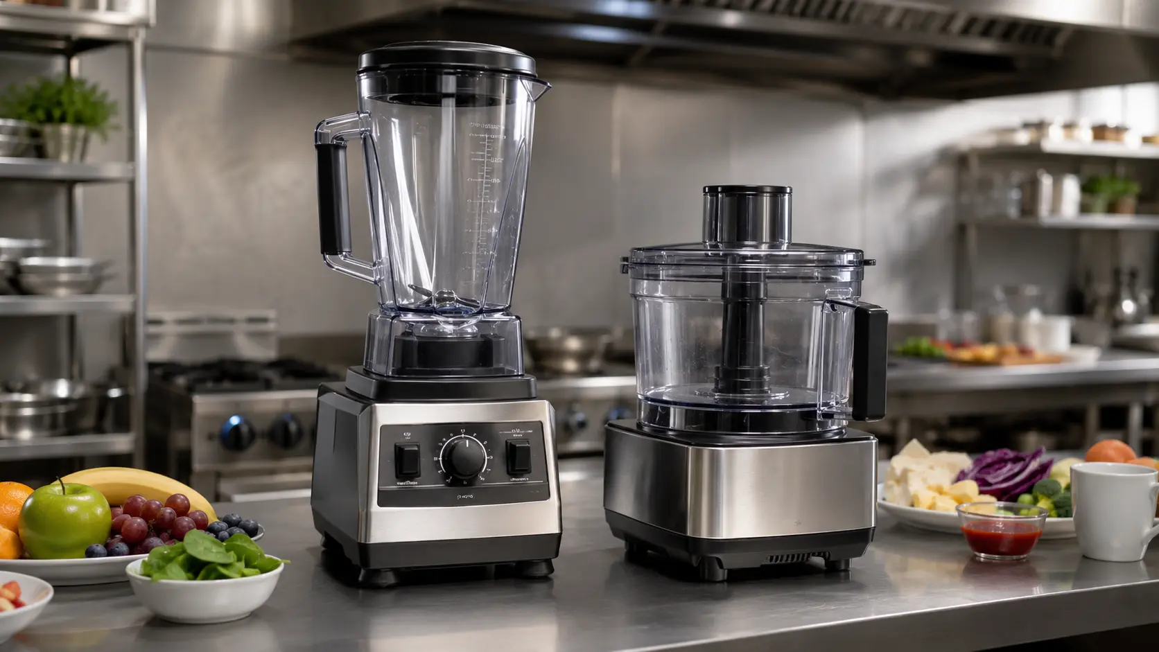 Tall blender jar and wide food processor bowl design compared for liquid blending and solid prep.