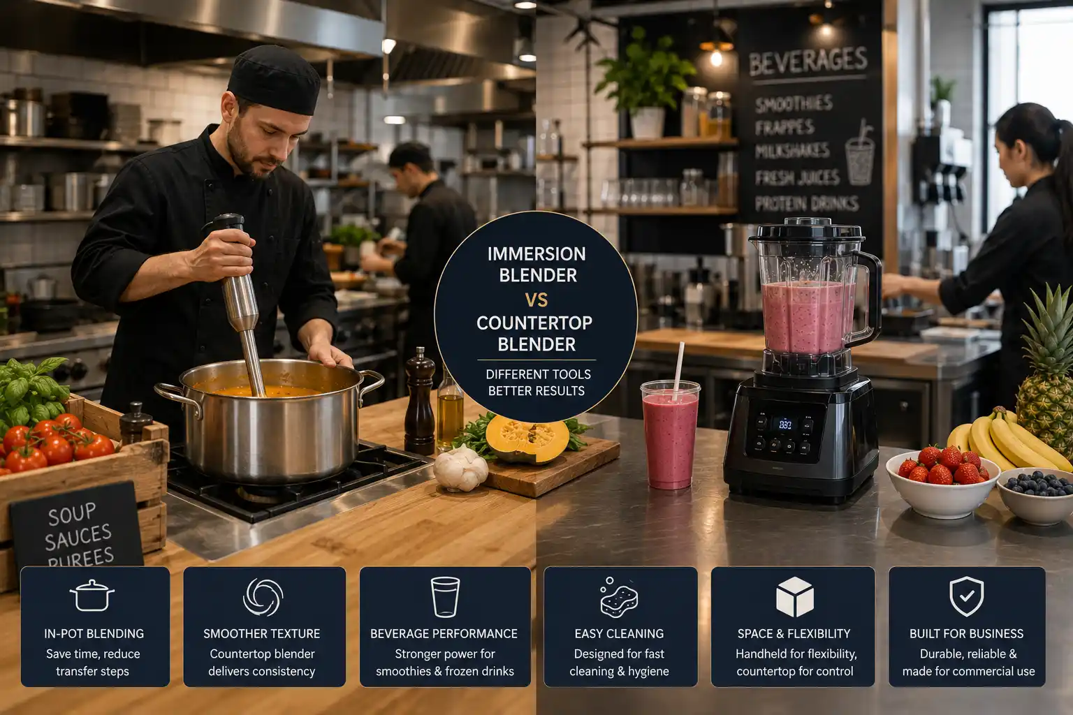Immersion blender and countertop blender used in a restaurant kitchen workflow comparison