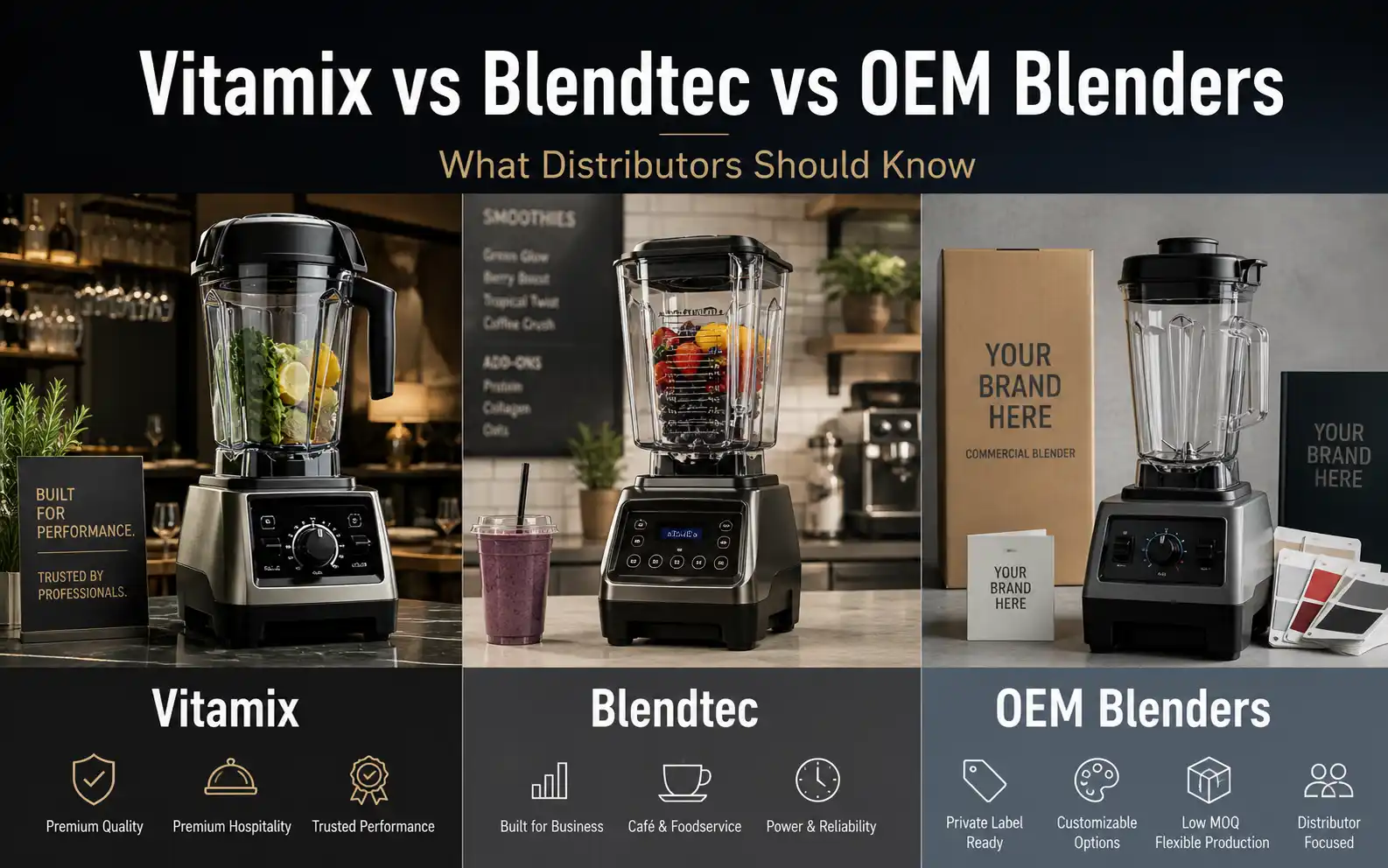 Vitamix vs Blendtec vs OEM blenders comparison for distributors, importers, and private-label buyers.