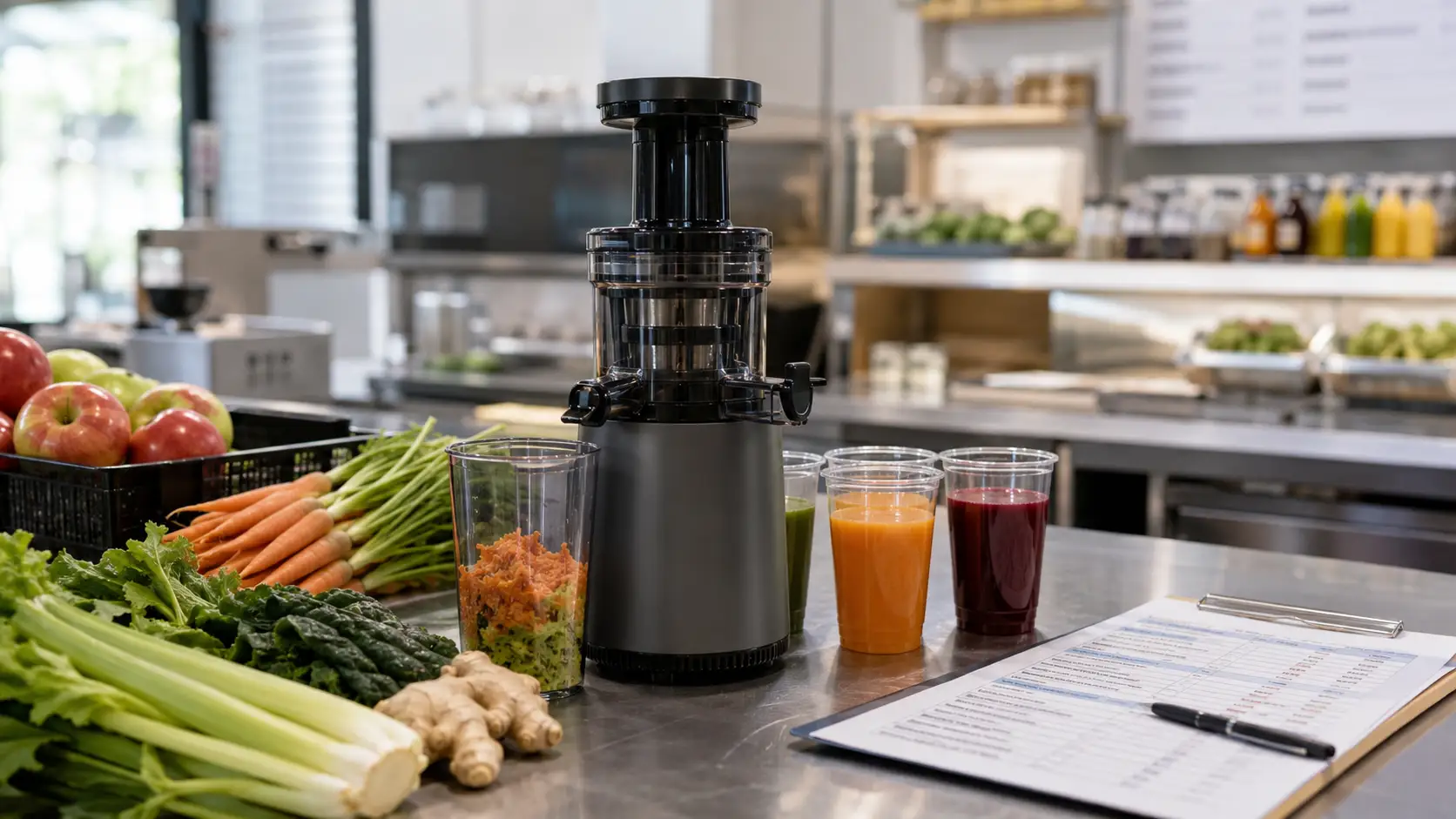 Cold press juicer for business use with produce juice samples and sourcing checklist