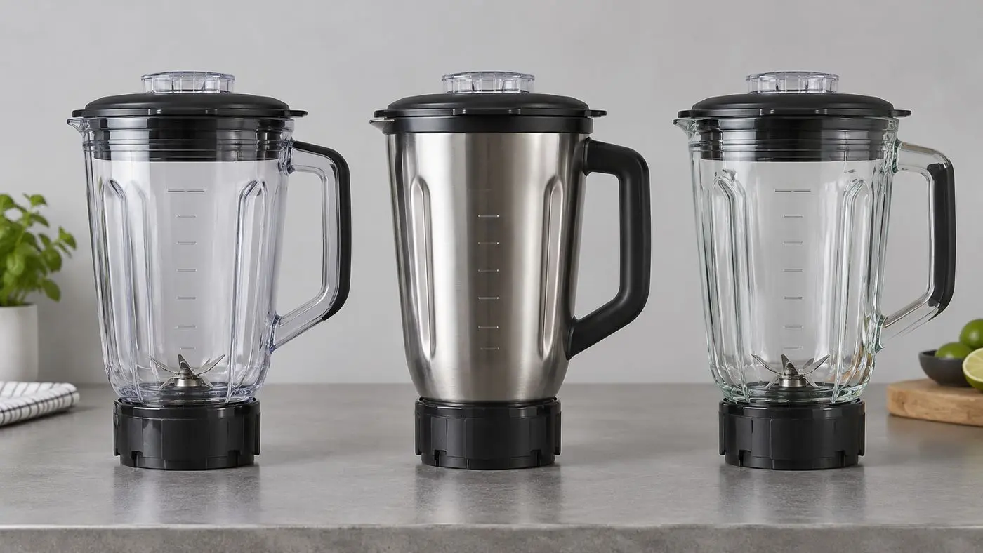 Clear copolyester, stainless steel and glass commercial blender jars shown at the same scale.