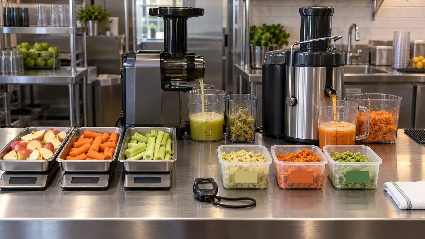 Cold press auger juicer and centrifugal juicer compared at realistic commercial countertop scale.