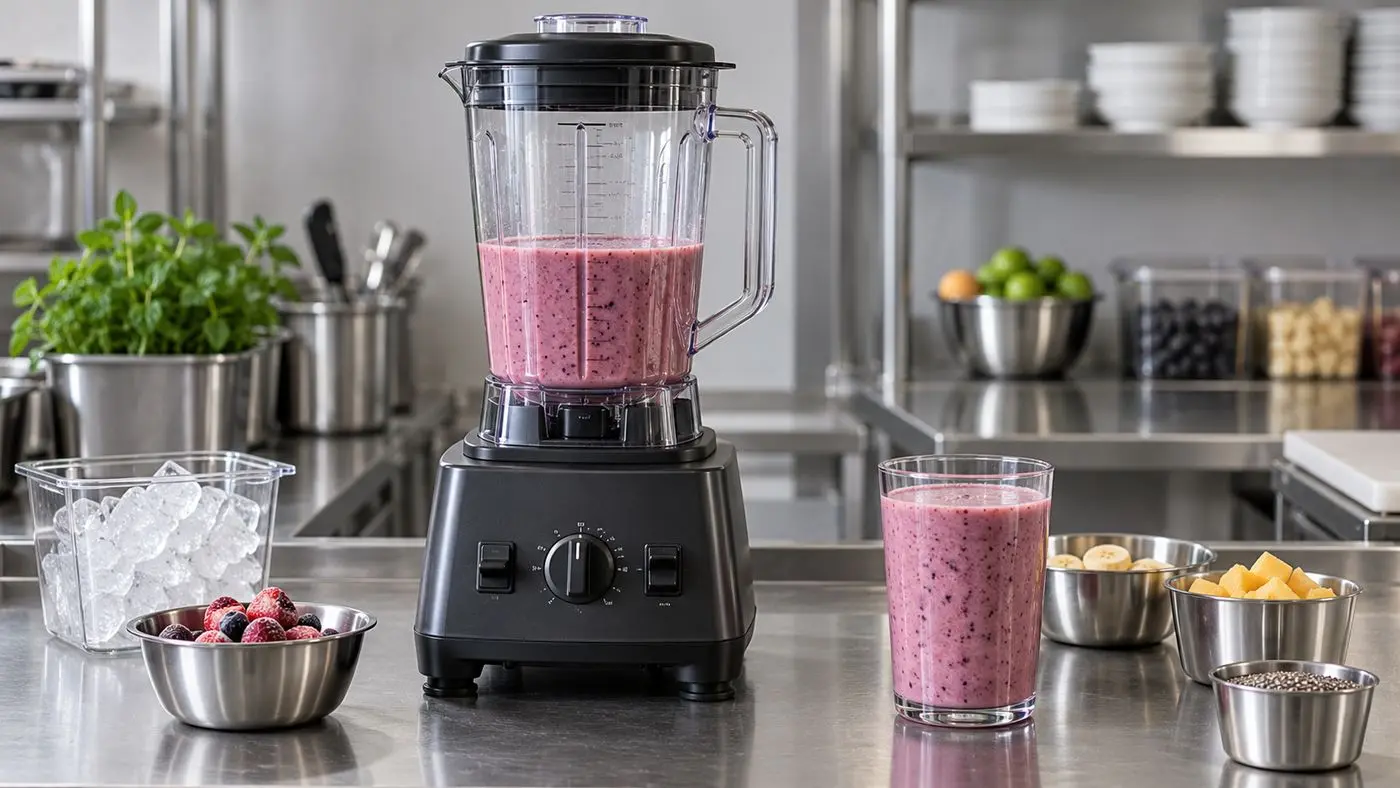 Heavy-duty commercial blender undergoing a controlled smoothie and ice workload test.