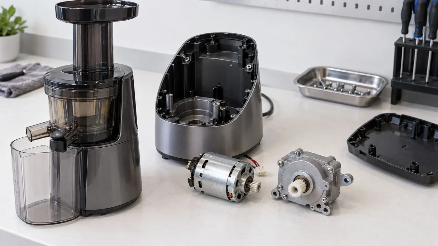 Commercial juicer motor beside stainless steel juicer on engineering bench.