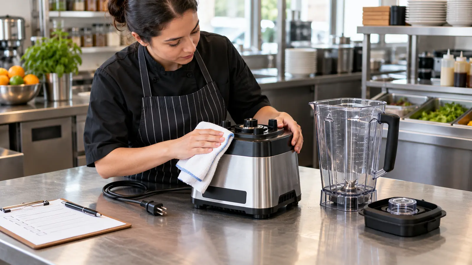 Commercial kitchen staff performing routine cleaning and visual inspection of an unplugged commercial blender.