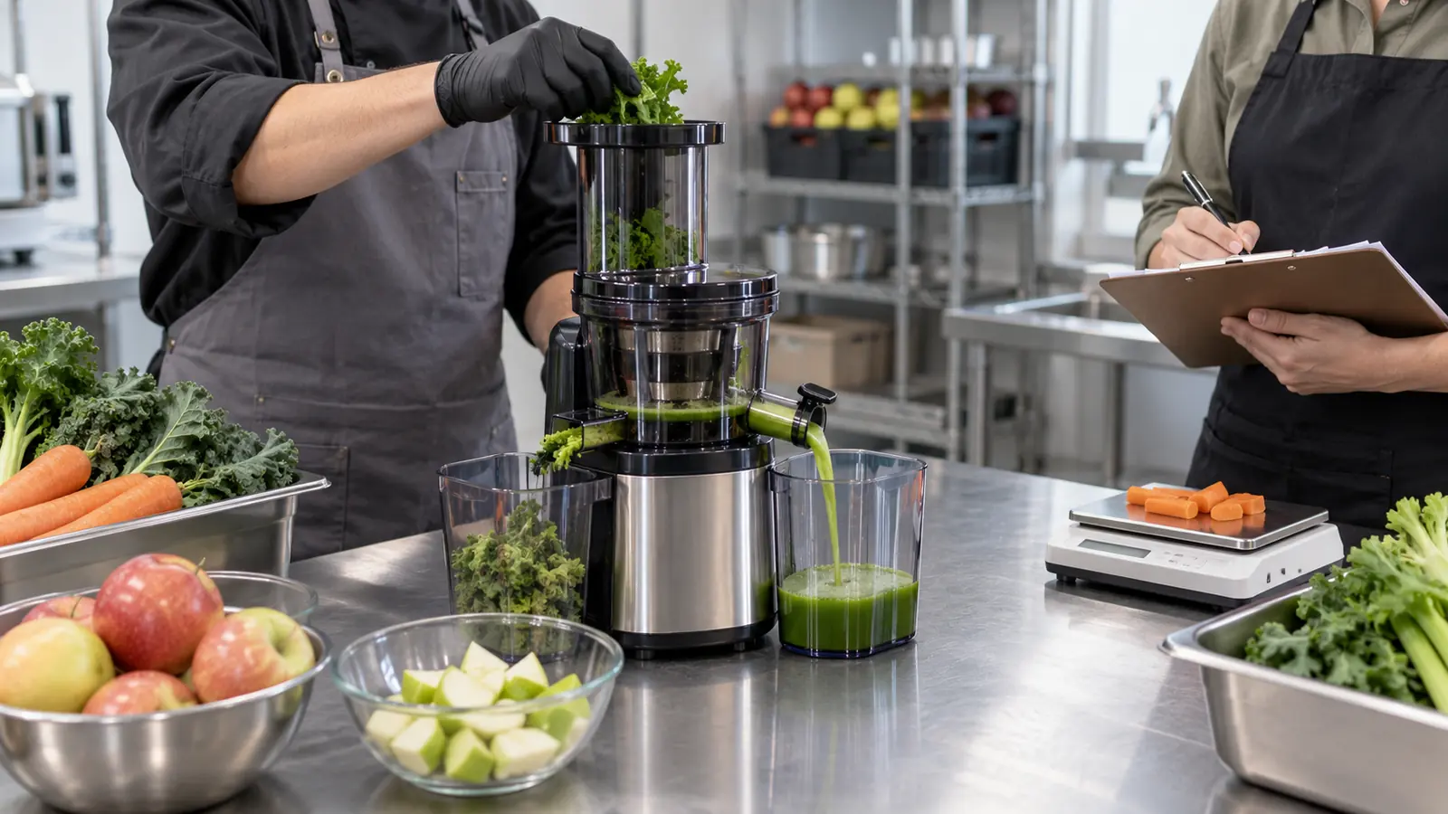 Commercial cold press juicer sample evaluation with weighed produce, separated juice and pulp, and recorded test observations.